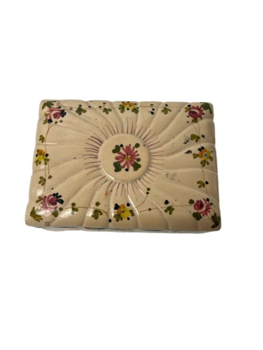 Vintage Italian Ceramic Rectangular Trinket Box Hand Painted Floral Design Italy